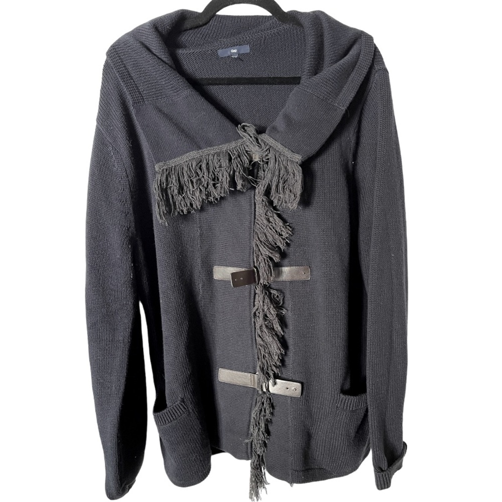 Gap Cotton Wool‎ Navy Blue Fringed  Sweater Coat With Leather Closures XL
